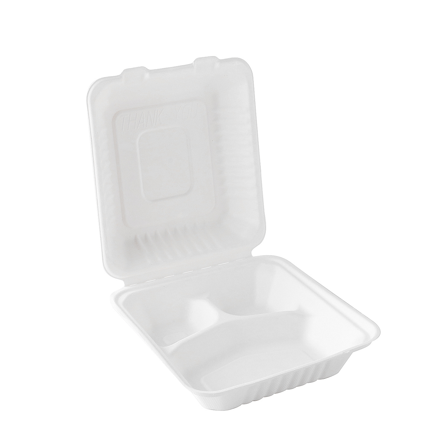 8 "x8 " x3 '' Embalaje de alimentos ecológico Bagasse Caja de concha de 3 compartimentos