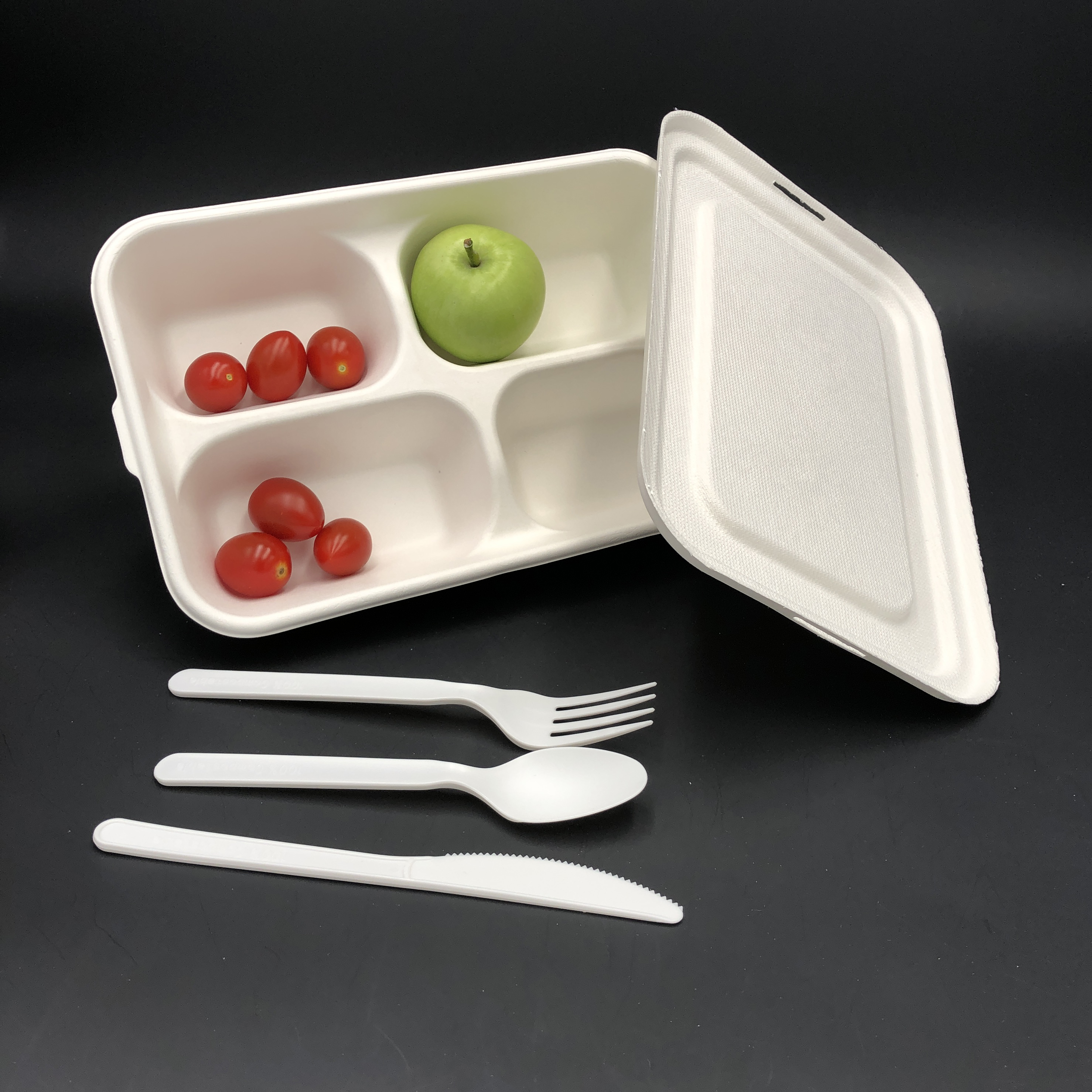 Bandeja profunda de 4 compartimentos 100% biodegradable con tapa