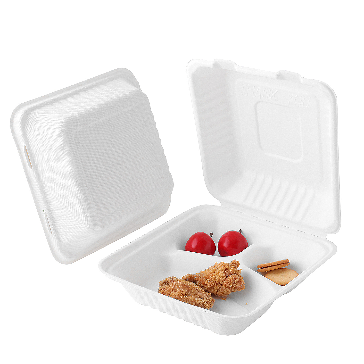 8 "x8 " x3 '' Embalaje de alimentos ecológico Bagasse Caja de concha de 3 compartimentos